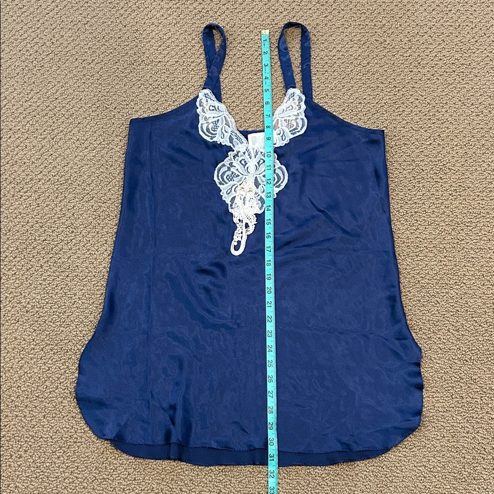 Vintage California Dynasty 2-pc Lingerie & Robe Set Large Navy Blue Lace Satin - Picture 8 of 17